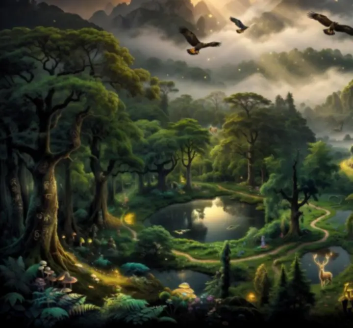Magyar táj által ihletett fantasy tájkép, ködös hegyekkel és varázslatos fénnyel