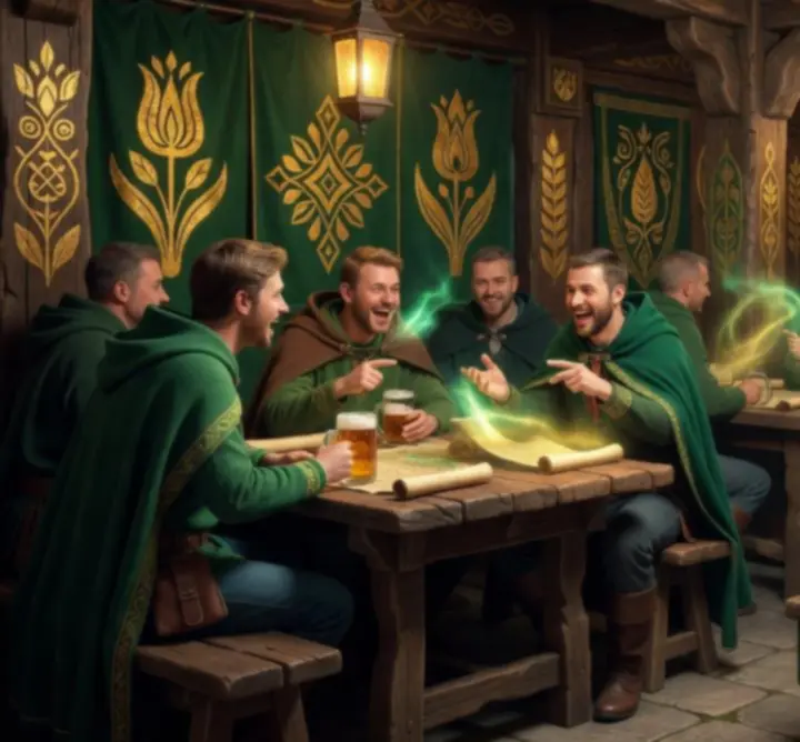 Magyar fantasy játékrajongók varázslatos kört alkotva beszélgetnek egy misztikus táj előtt