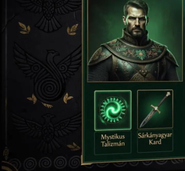 Modern fantasy játék felhasználói felület zöld és arany tónusokkal