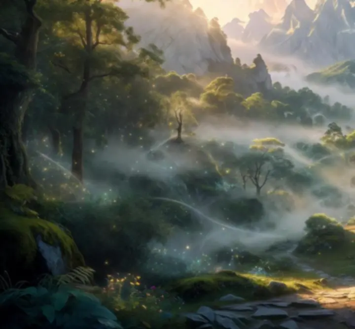 Magyar hegyvidéki fantasy táj, ködös várakkal és misztikus fénnyel