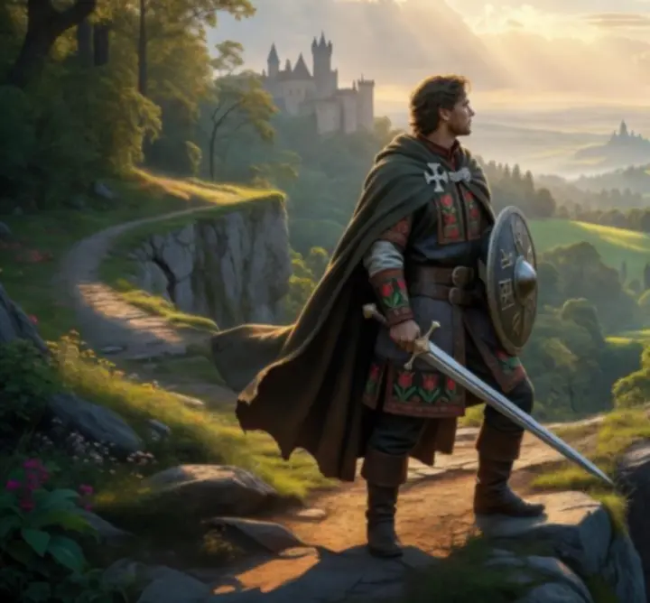 Magyar népi motívumokat idéző hős áll egy fantasy táj peremén
